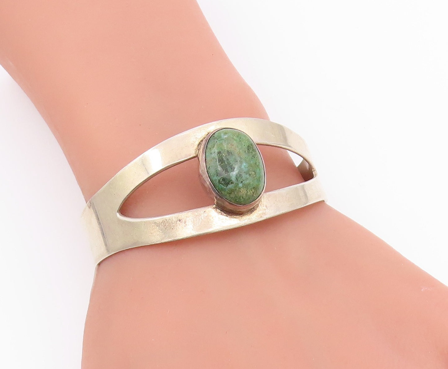 MEXICO 925 Silver  Vintage Cabochon Cut Turquoise Shiny Cuff Bracelet  BT9095