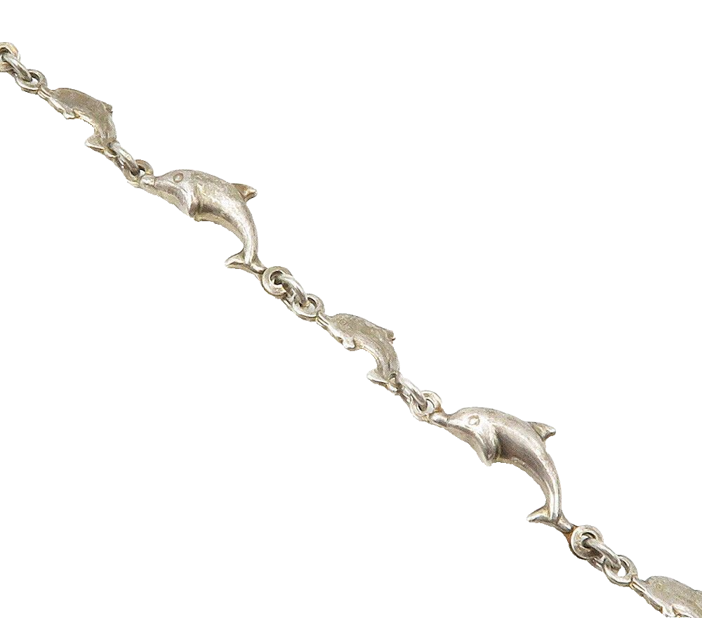 925 Sterling Silver  Vintage Dark Tone Dolphin Motif Chain Bracelet  BT6048
