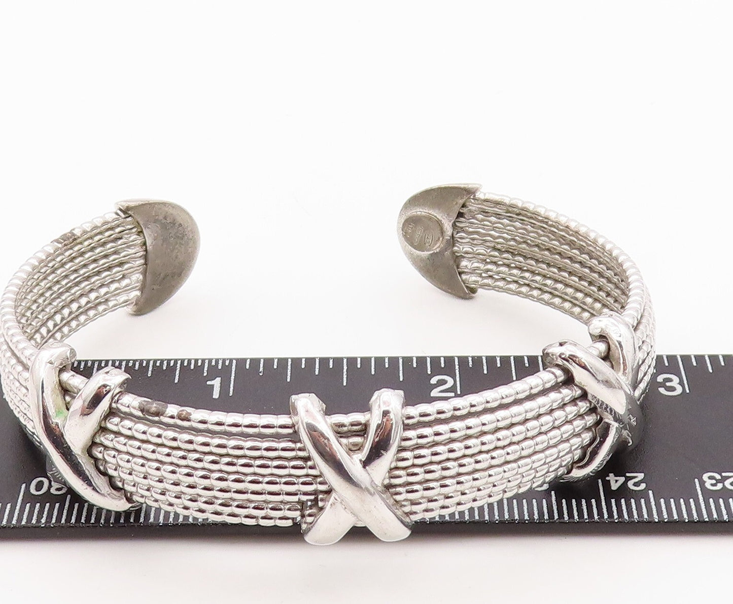 925 Sterling Silver Vintage Bracelet Beaded Bands carved X Cuff  BT10789