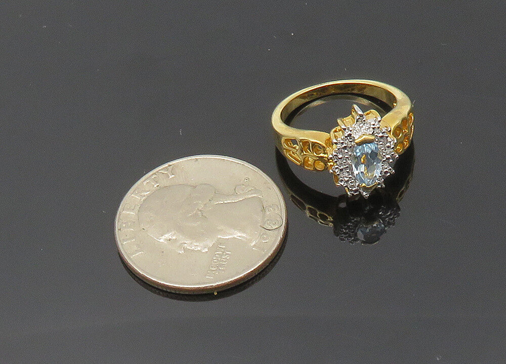 925 Sterling Silver  Blue Topaz Two Tone Shiny Floral Band Ring Sz 6  RG20335