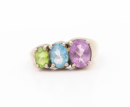 925 Sterling Silver Vintage Ring KABANA Oval Amethyst CZ Peridot  SZ 8  RG31965