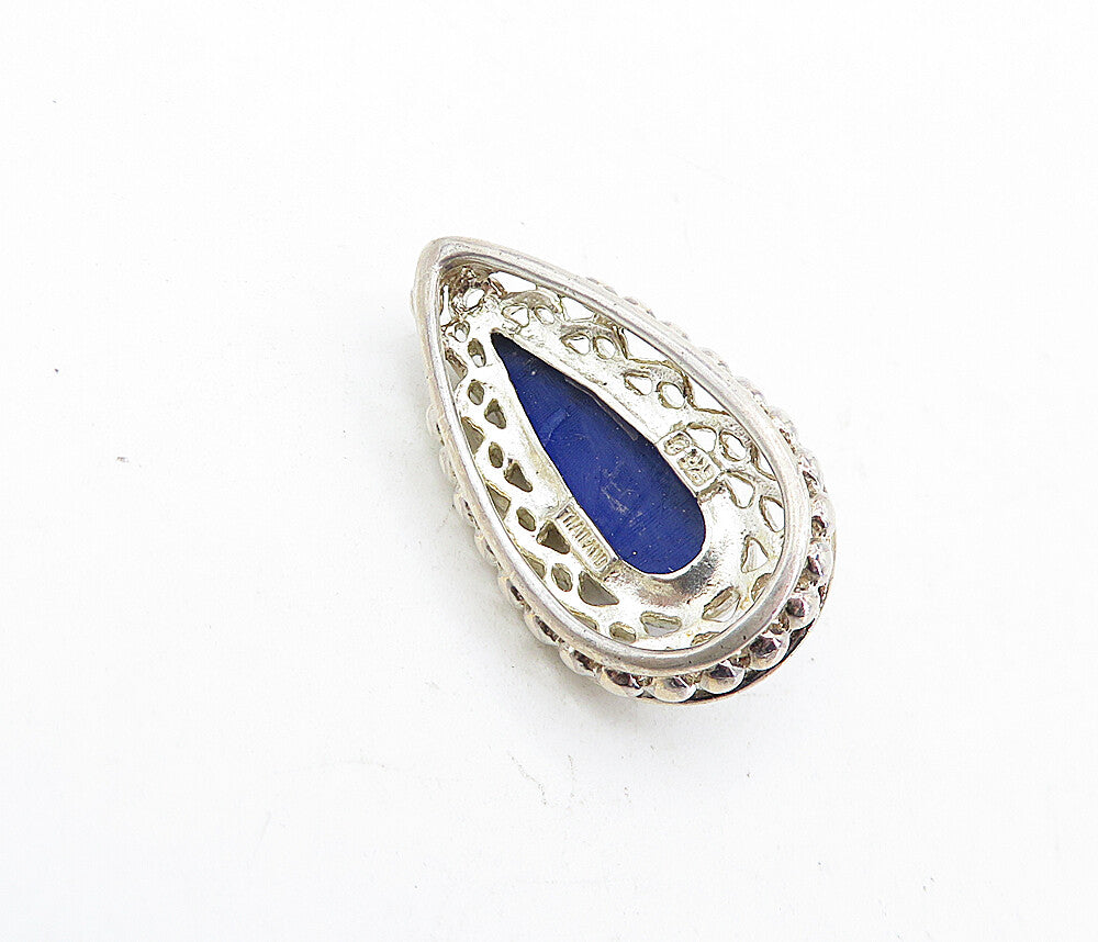 925 Sterling Silver  Vintage Lapis Lazuli Swirl Tear Drop Pendant  PT3370