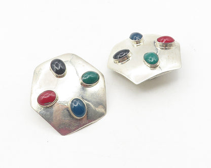 MEXICO 925 Silver  Vintage Onyx & Carnelian Non Pierce Drop Earrings  EG5943