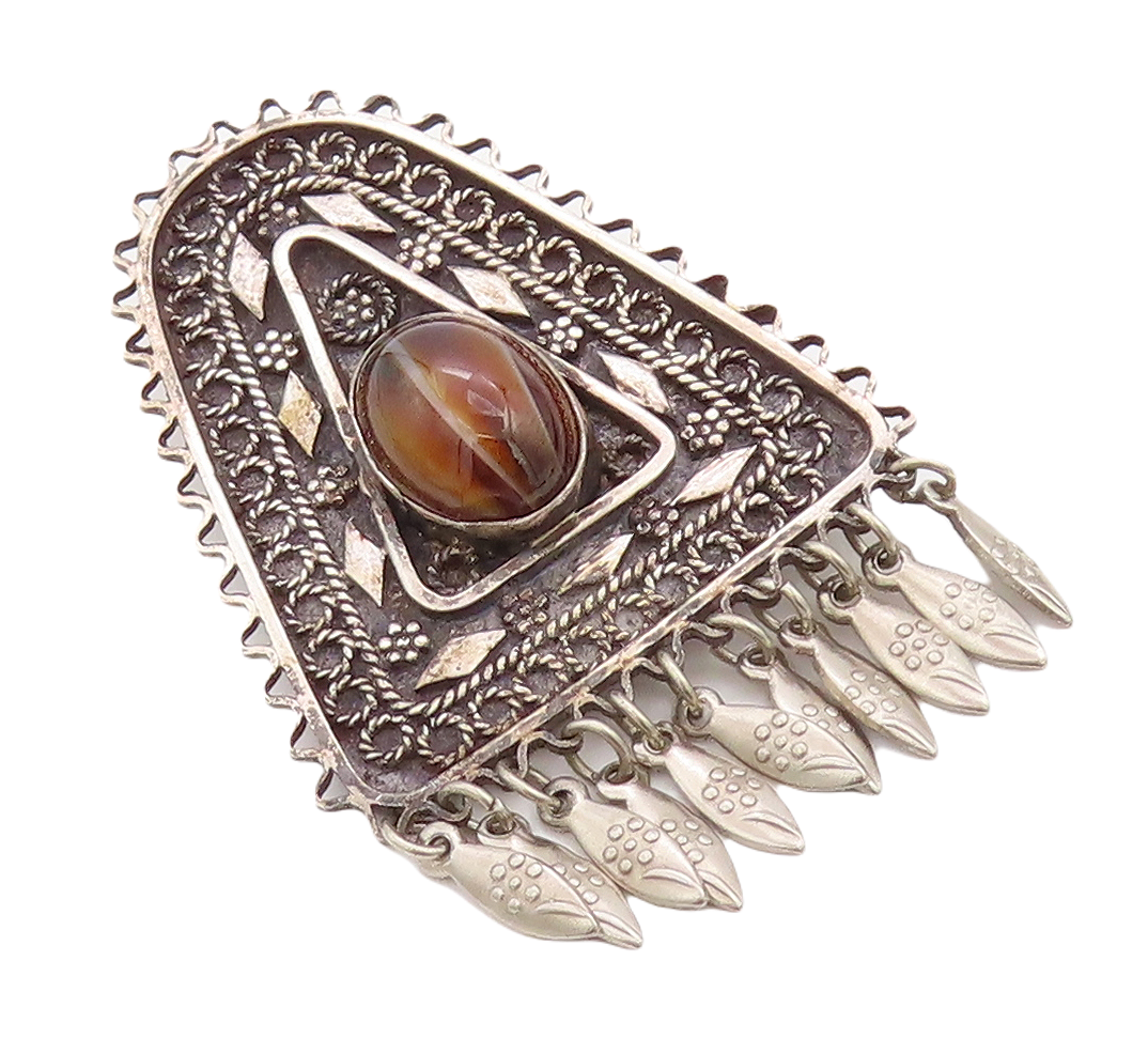 925 Sterling Silver Vintage Brooch Pin ISRAEL Dark Tone Tigers Eye   BP11219