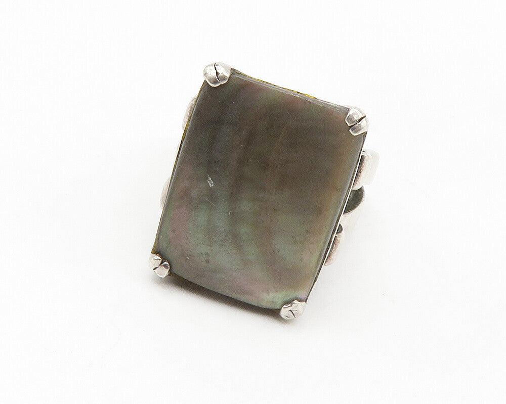 925 Sterling Silver  Vintage Abalone Shell Square Cocktail Ring Sz 7  RG13965