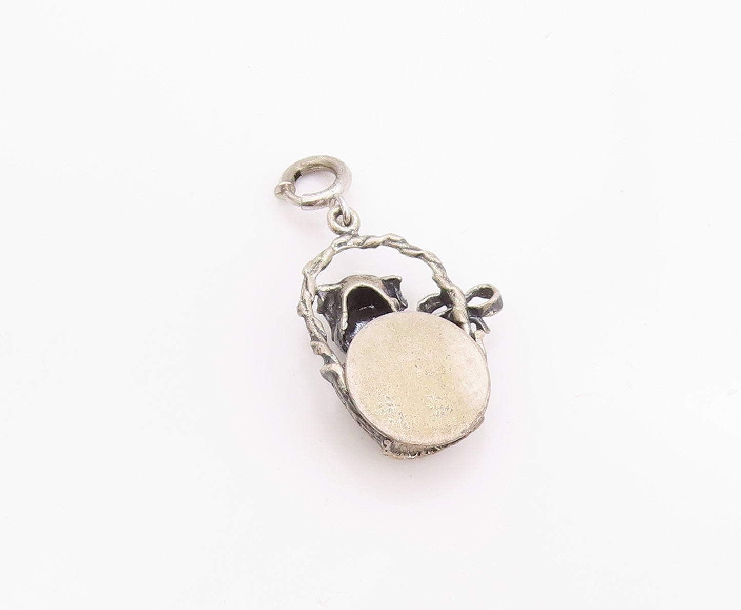 925 Sterling Silver Vintage Pendant Etched Bunny In Easter Basket Charm  PT24788
