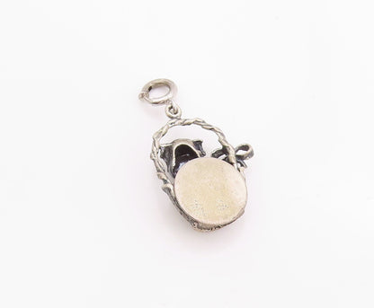 925 Sterling Silver Vintage Pendant Etched Bunny In Easter Basket Charm  PT24788