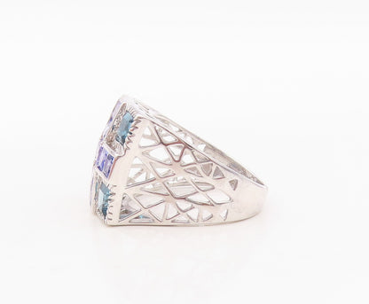 925 Sterling Silver Vintage Ring Square Cut Purple & Blue CZ  Sz 7.5  RG29952