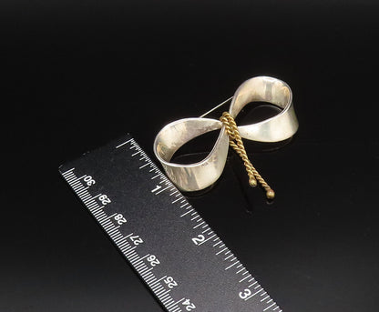 MEXICO 925 Sterling Silver Vintage Two Tone Ribbon Bow Tie Brooch Pin BP10040
