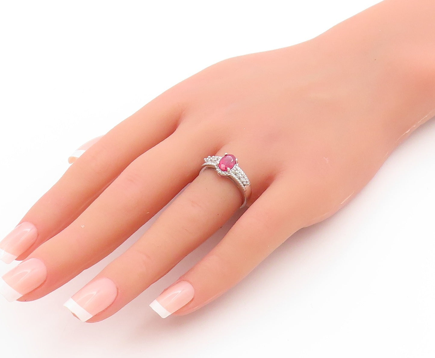 925 Sterling Silver Vintage Ring Oval Ruby & CZ Beaded Rope Band  Sz 6  RG33686