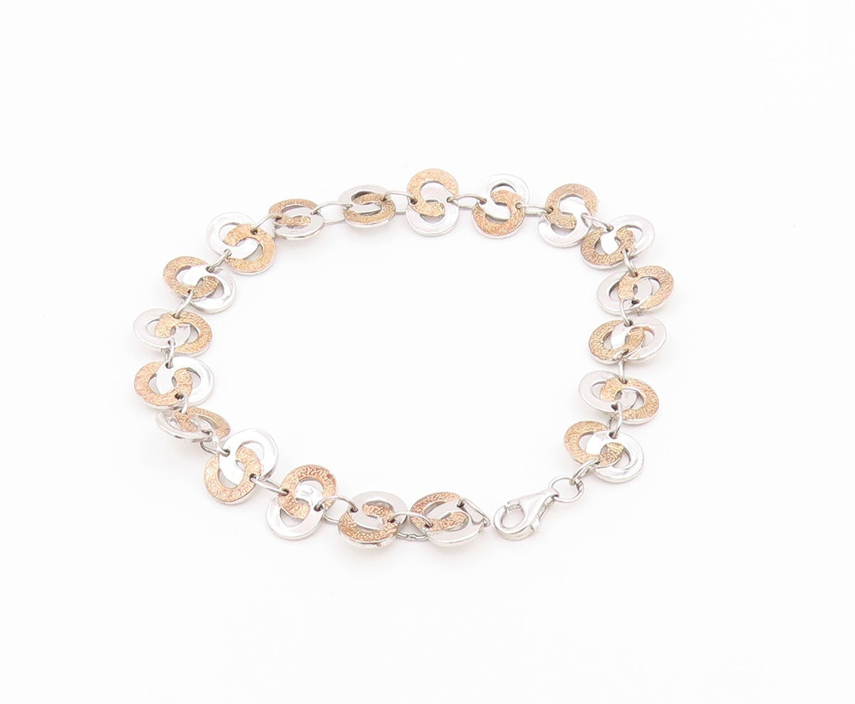 925 Sterling Silver Vintage Bracelet Two Tone Interlocking Circles Link  BT12200