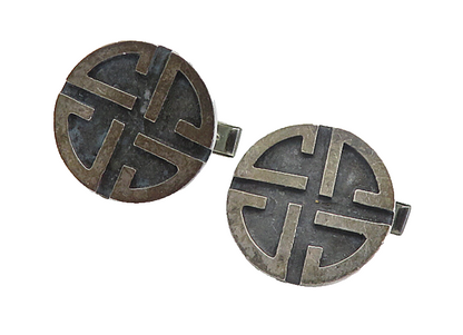 925 Sterling Silver  Vintage Antique Oxidized Pattern Round Cuff Links  TR1305