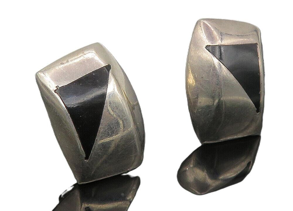 MEXICO 925 Sterling Silver  Vintage Inlaid Black Onyx Drop Earrings  EG5555