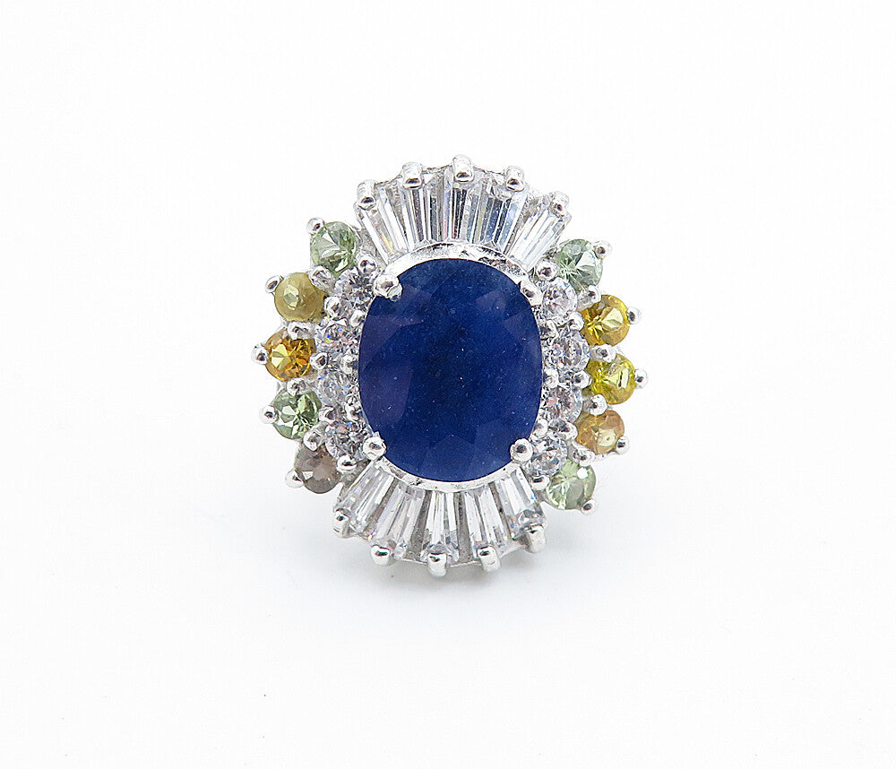 925 Sterling Silver  Sapphire & Cubic Zirconia Cocktail Ring Sz 6  RG7813