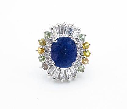 925 Sterling Silver  Sapphire & Cubic Zirconia Cocktail Ring Sz 6  RG7813