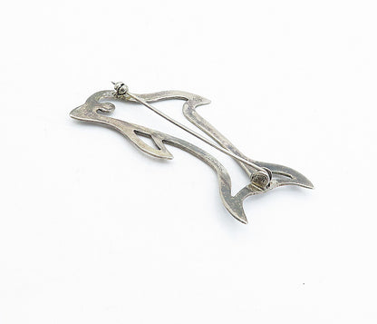 925 Sterling Silver  Vintage Dark Tone Dolphin Outline Brooch Pin  BP1719