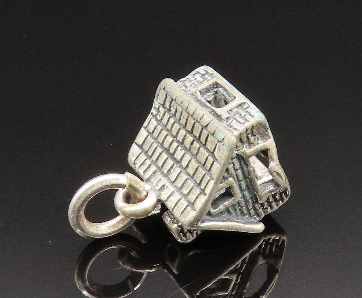 925 Sterling Silver  Vintage Sculpted Etched House Charm Pendant  PT20662