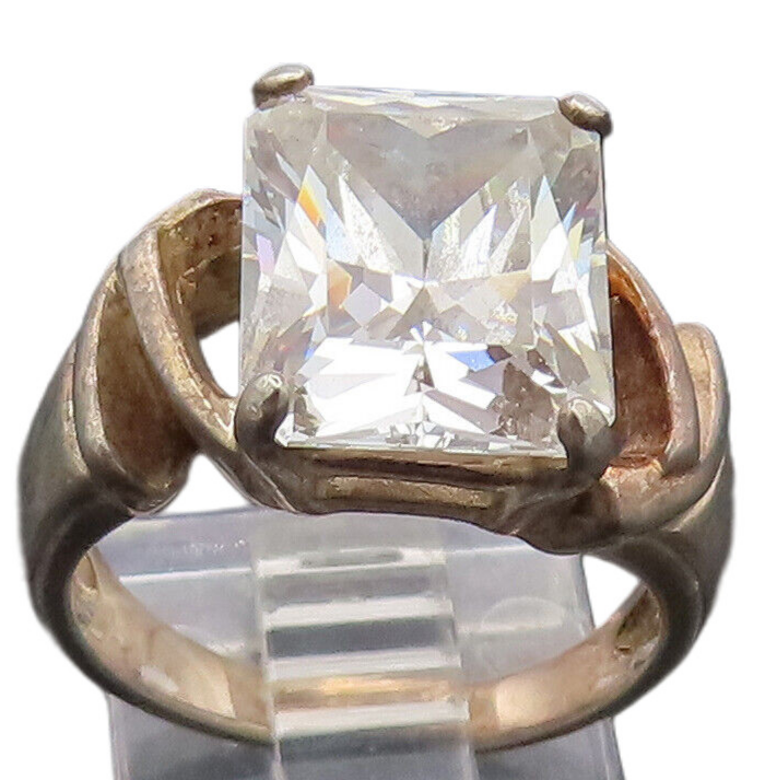 925 Sterling Silver  Vintage Designer Rectangular CZ Carved Ring Sz 7  RG26958