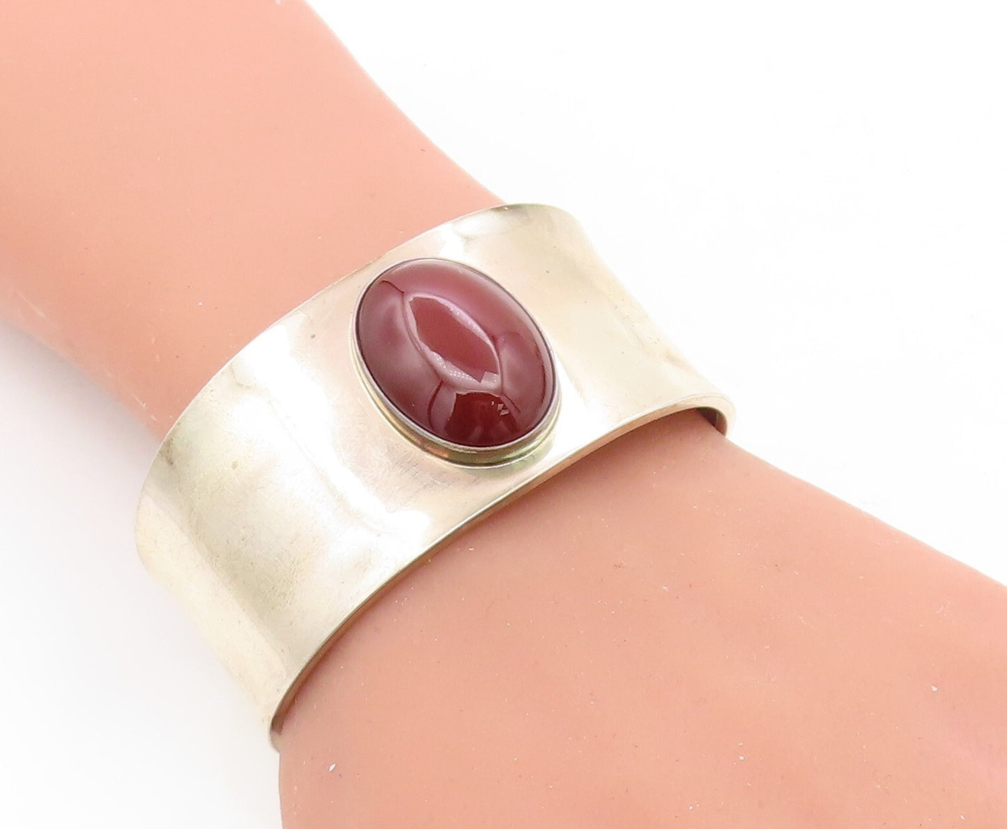 CII MEXICO 925 Silver Vintage Cabochon Cut Carnelian Cuff Bracelet BT3102
