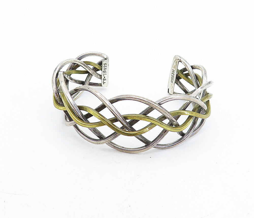 MEXICO 925 Sterling Silver  Vintage 2 Tone Weaved Design Cuff Bracelet  BT1955
