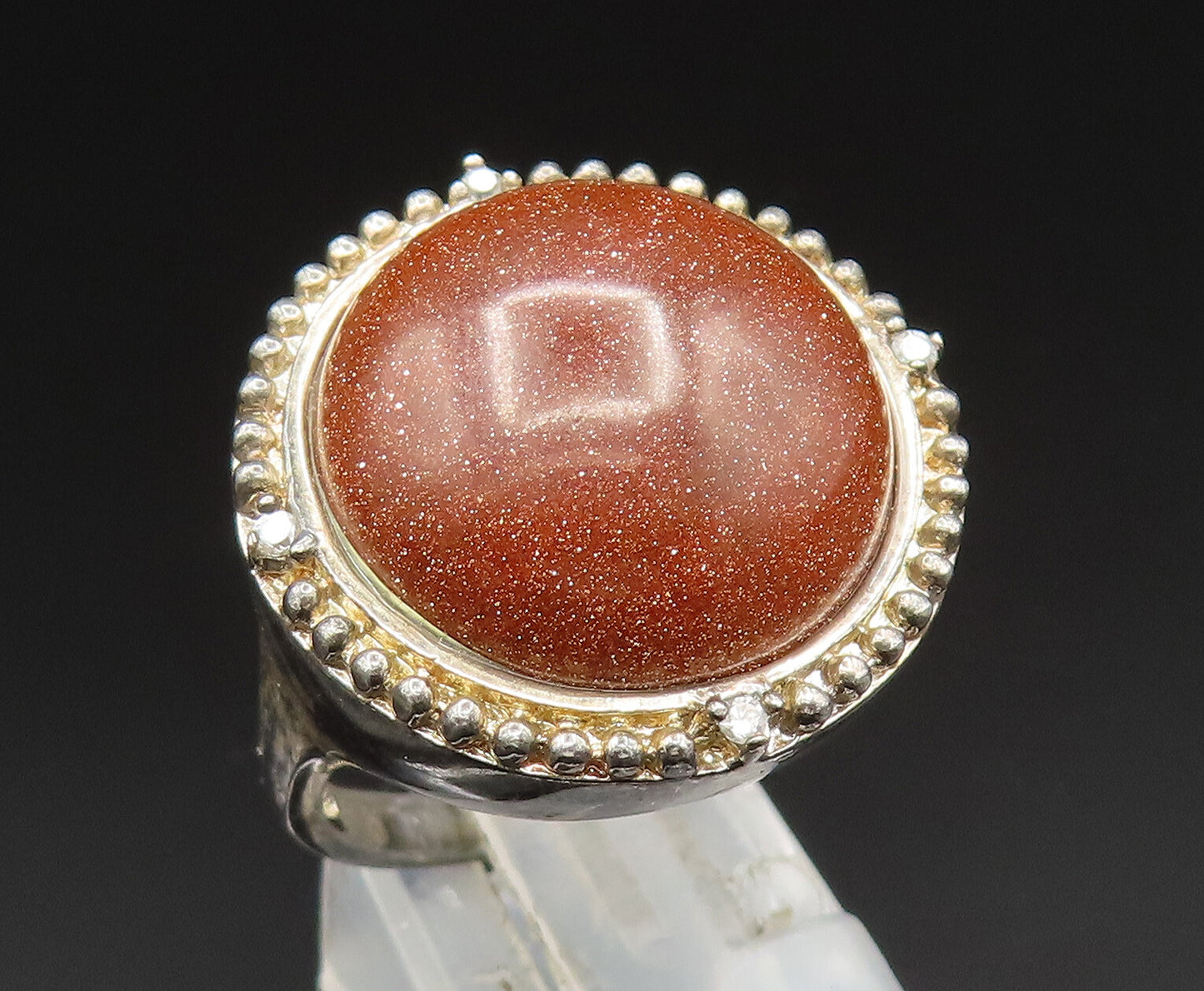 925 Silver  Vintage Beaded Border Cabochon Drusy & Topaz Ring Sz 7  RG24857