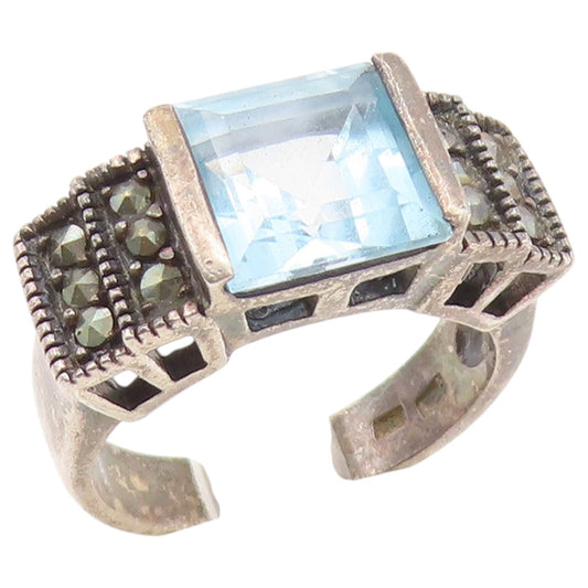 925 Sterling Silver Vintage Ring Blue Topaz & Marcasite Band  Sz 8  RG36925