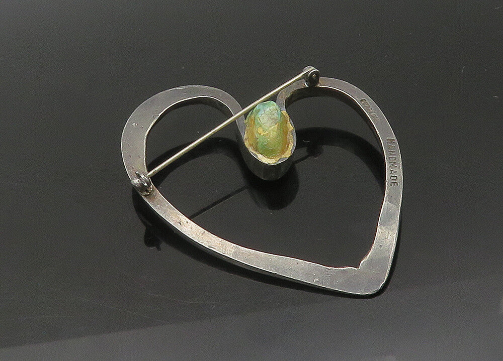925 Sterling Silver  Vintage Turquoise Modernist Love Heart Brooch Pin  BP8736