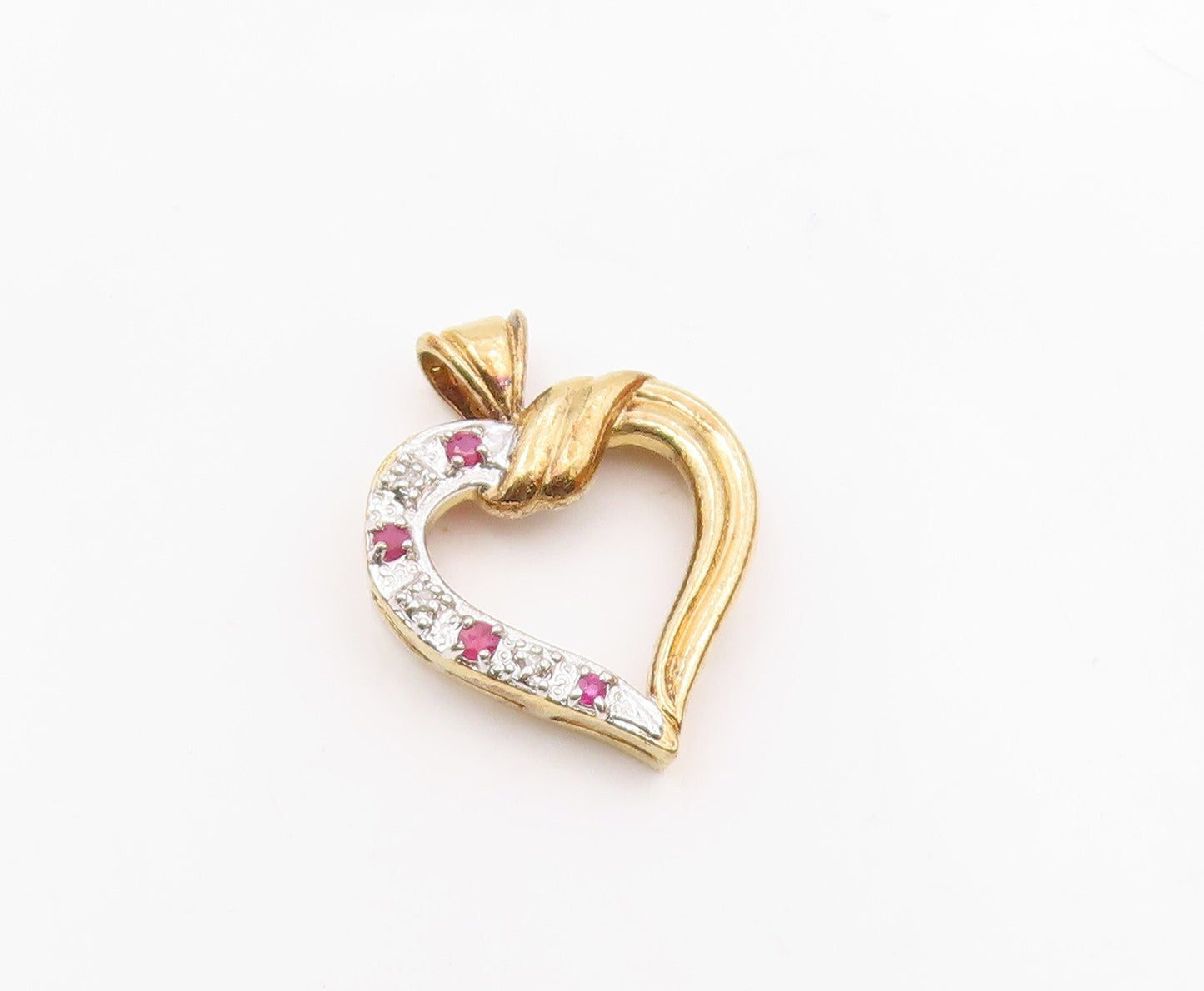 925 Sterling Silver  Vintage Genuine Diamond & Ruby Heart Pendant  PT15771