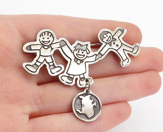 EFS MEXICO 925 Silver  Vintage Children Holding Hands Unity Brooch Pin  BP1475