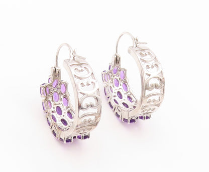 925 Sterling Silver Vintage Earrings Oval Amethyst Inlay Carved Hoops  EG13401