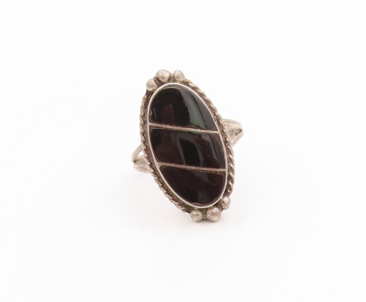 925 Sterling Silver Vintage Ring Onyx Inlay Rope Carved Frame  Sz 6  RG33378