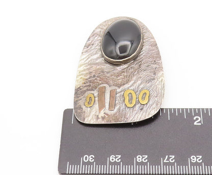 925 Sterling Silver  Vintage Modernist Hammered Large Onyx Brooch Pin  BP10319