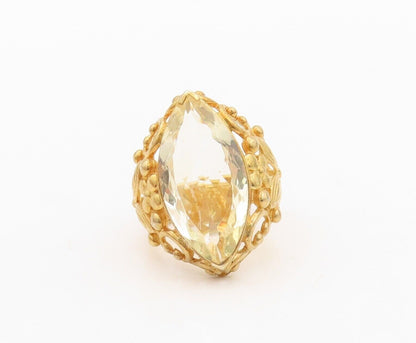 925 Sterling Silver Vintage Ring Gold Plated Carved Lime Quartz  Sz 7  RG30070
