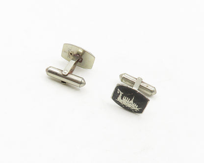 SIAM 925 Sterling Silver  Vintage Niello Enamel Dragon Boat Cufflinks  TR2451