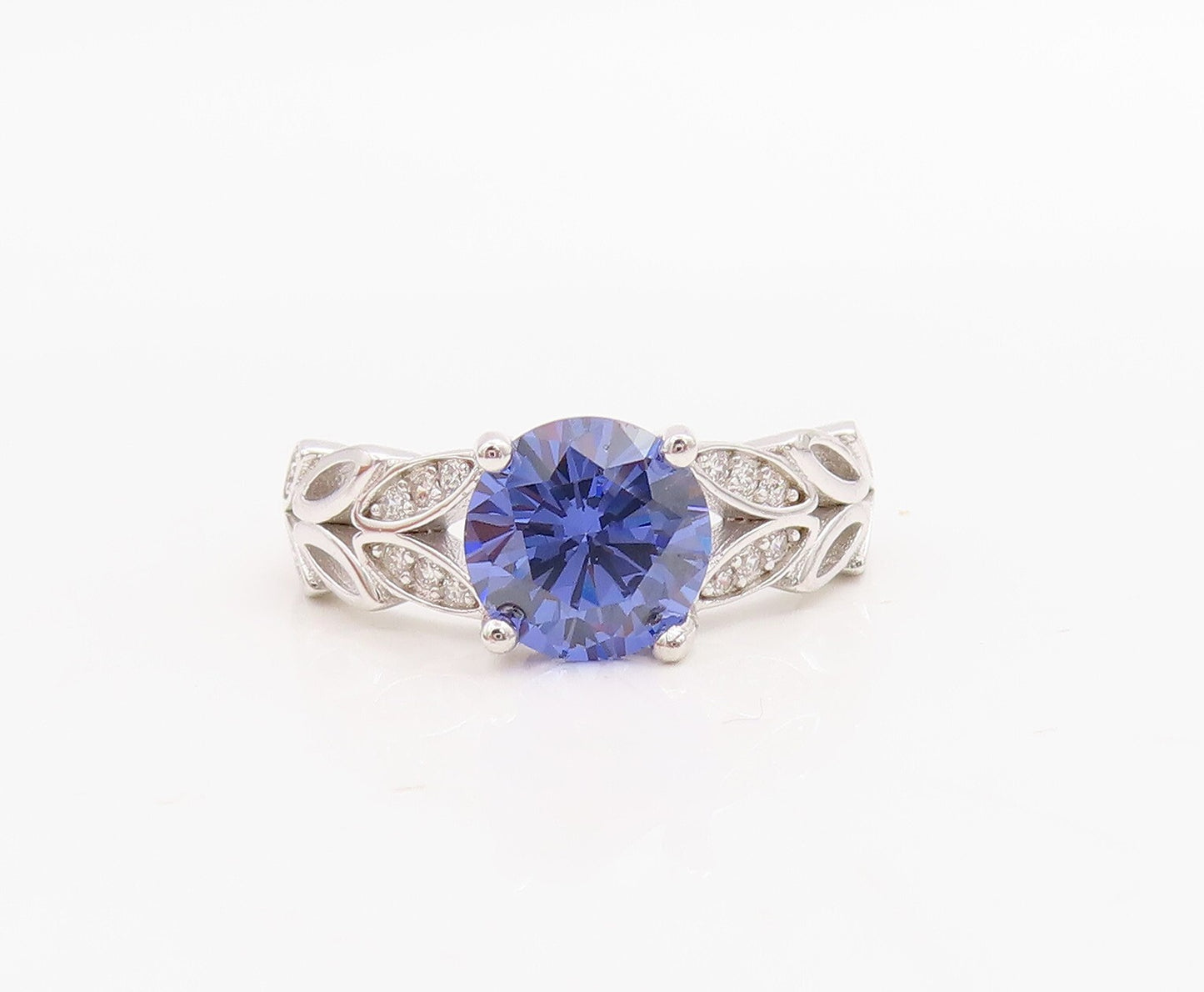 925 Sterling Silver Vintage Ring Round Sapphire Floral Cut CZ band Sz 7  RG30747