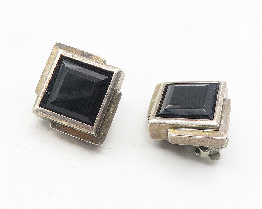 925 Sterling Silver  Vintage Black Hematite Square Non Pierce Earrings  EG6252