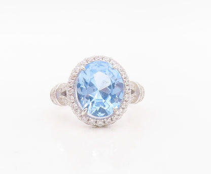 925 Sterling Silver Vintage Ring Designer Oval Blue Halo White CZ  Sz 7  RG30137