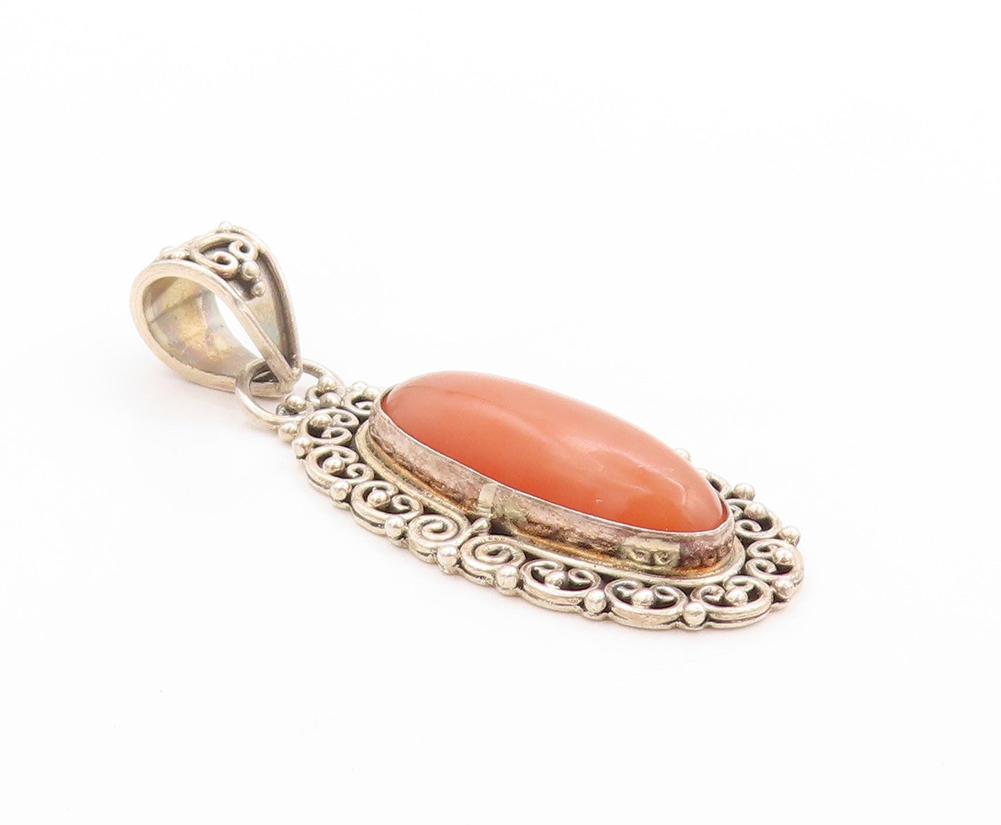 925 Sterling Silver Vintage Pendant BALI Carnelian Halo Swirly Cutouts  PT24196