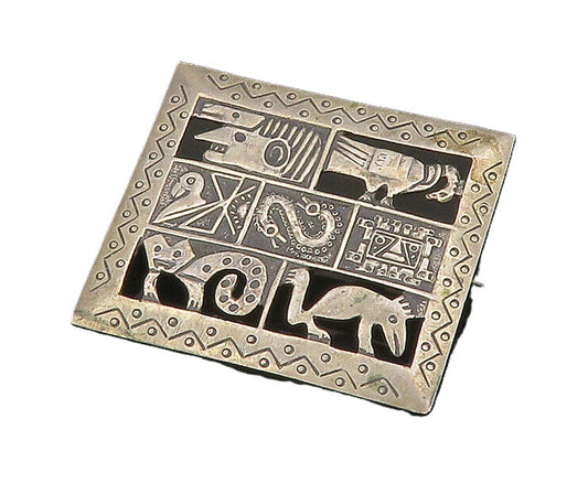 925 Sterling Silver  Vintage Cutout Symbols Etched Detail Brooch Pin  BP8530