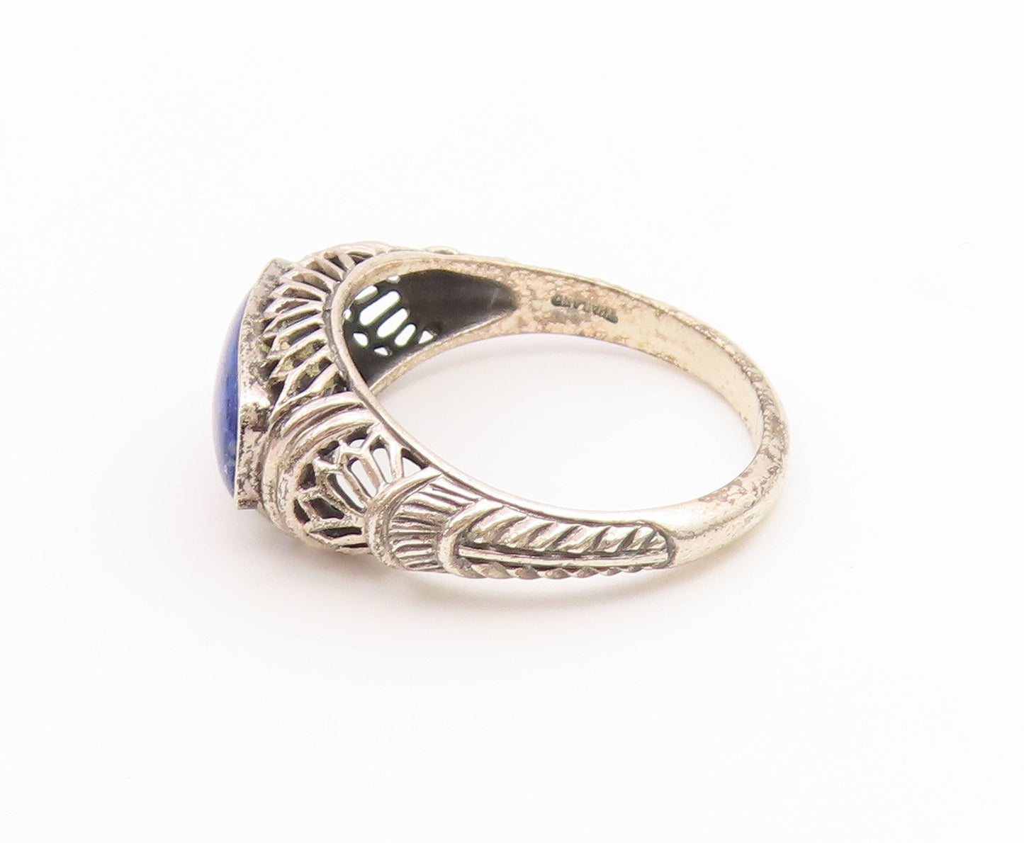 925 Sterling Silver Vintage Ring Lapis Lazuli Floral Cutout Band  Sz 8  RG36699