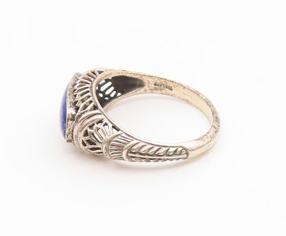 925 Sterling Silver Vintage Ring Lapis Lazuli Floral Cutout Band  Sz 8  RG36699