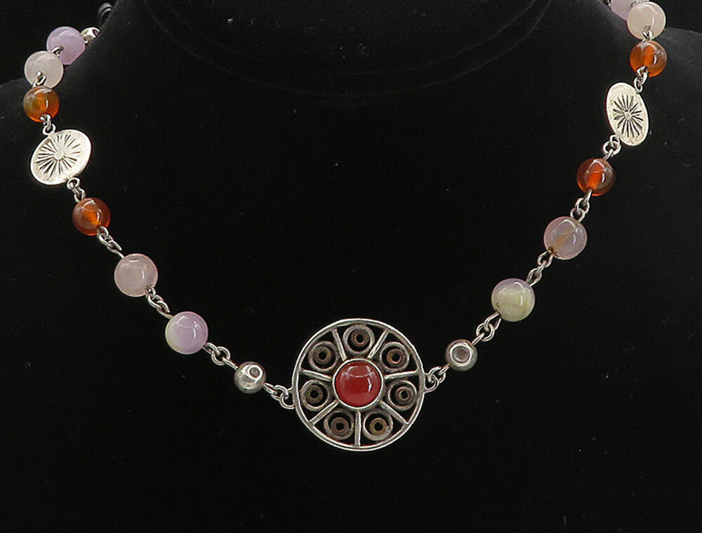 STRANGER 925 Silver  Vintage Carnelian Quartz & Agate Beaded Necklace  NE1383