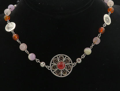STRANGER 925 Silver  Vintage Carnelian Quartz & Agate Beaded Necklace  NE1383