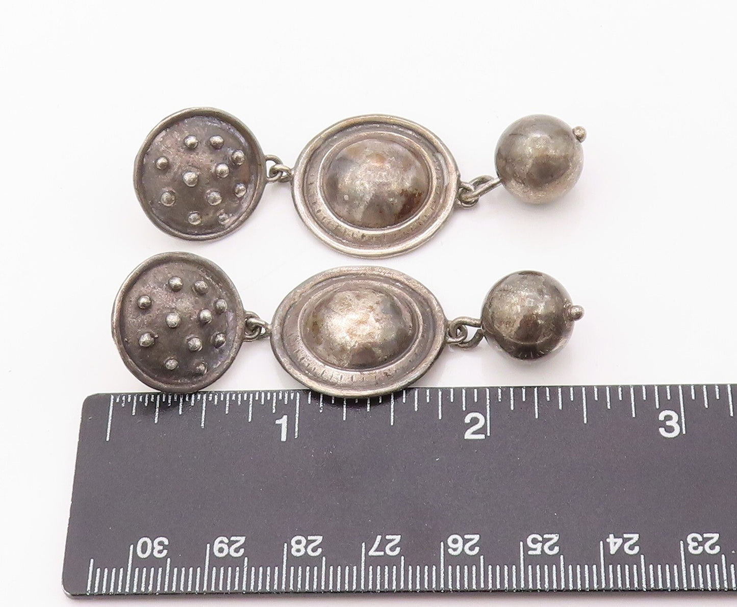 925 Sterling Silver Vintage Earrings Designer Drop Dark Tone Domed  EG13463