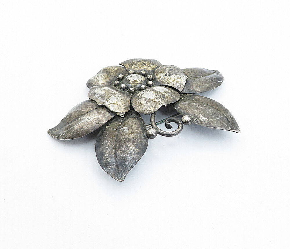 RAJ 925 Sterling Silver  Vintage Dark Tone Flower Motif Brooch Pin  BP1095