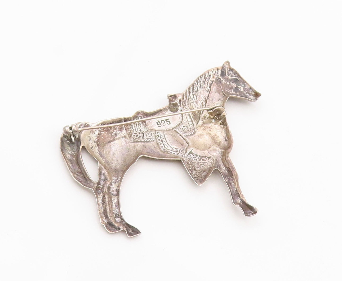 925 Sterling Silver Vintage Brooch Pin Etched Horse With Western Saddle  BP12379