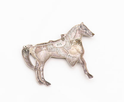 925 Sterling Silver Vintage Brooch Pin Etched Horse With Western Saddle  BP12379