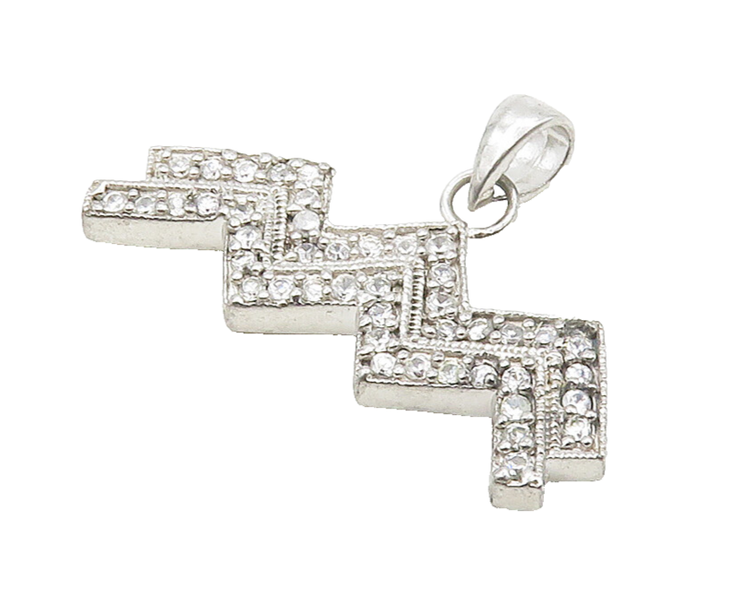 925 Sterling Silver  Shiny Topaz Encrusted Zig Zag Drop Pendant  PT12193