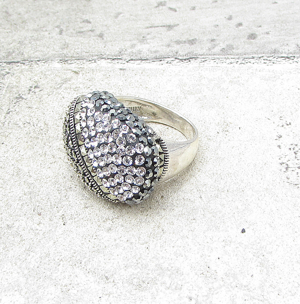 925 Sterling Silver  Crystals & Marcasite Cluster Oval Band Ring Sz 6  RG1564