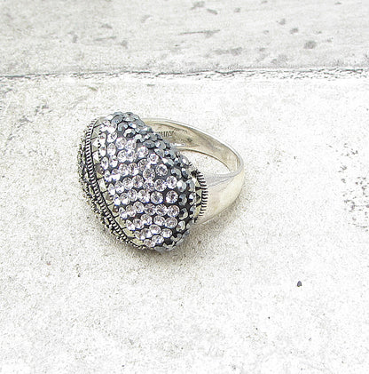 925 Sterling Silver  Crystals & Marcasite Cluster Oval Band Ring Sz 6  RG1564